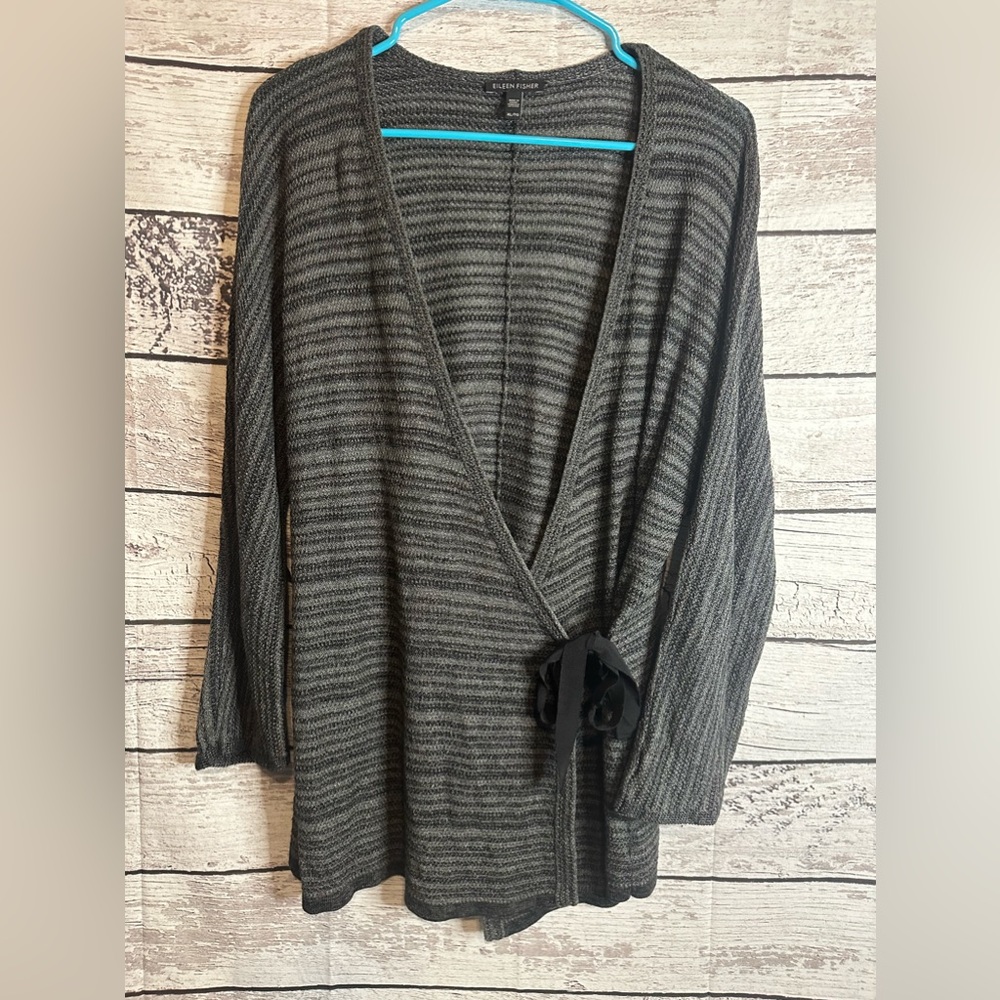 Eileen Fisher Black Tencel Blend Front Tie Wrap Cardigan Size XL